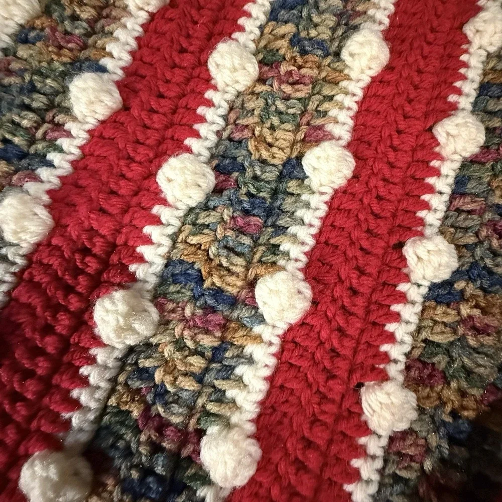 Hand Knit Blanket Throw Bobble Stitch  Stripe‎ Multicolor 2 Corner Ties 37x38